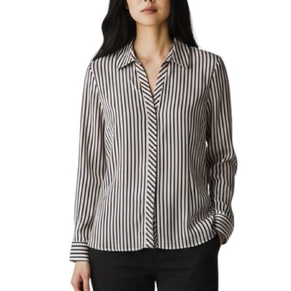 Foxcroft NYC Tan and Black Striped Shirt Sz 4
